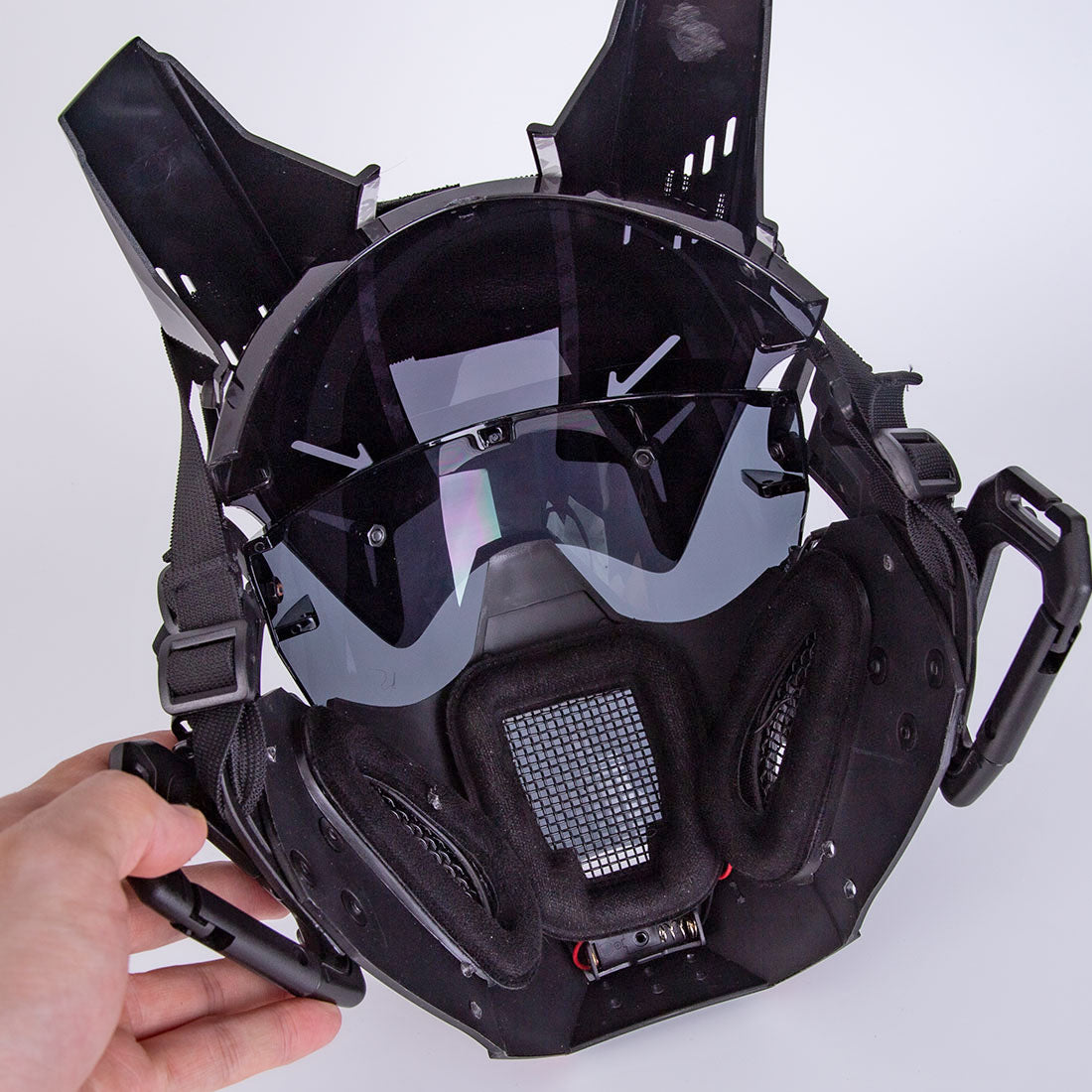 devil horns for motorcycle helmet Futuristic Cyberpunk Demon Horns Helmets Mask with Round LED Light Cos – Futurfam