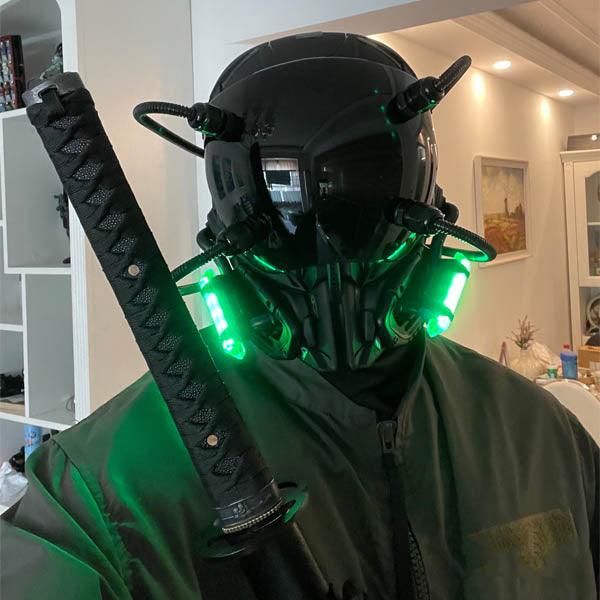 thumbnail image 2 of Unisex Black Cyberpunk Helmet Mask With LED Lights - Perfect For Halloween Costumes & Cosplay Events 2 of 4